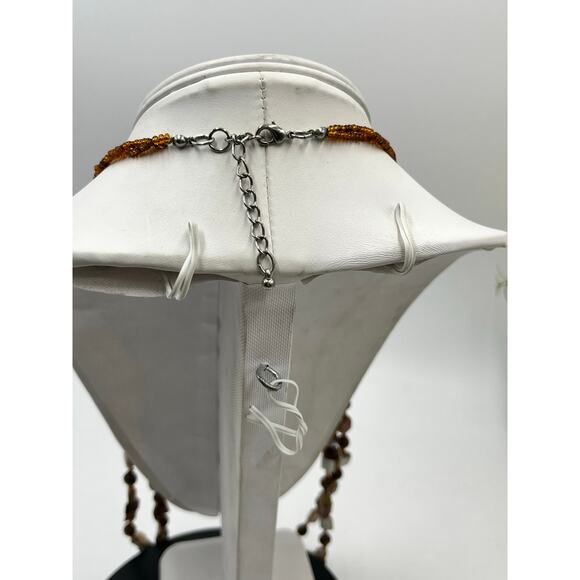 Vintage Boho Multi-Strand Wood Mother of Pearl Shell Bead Necklace Earth Tones - Picture 8 of 11